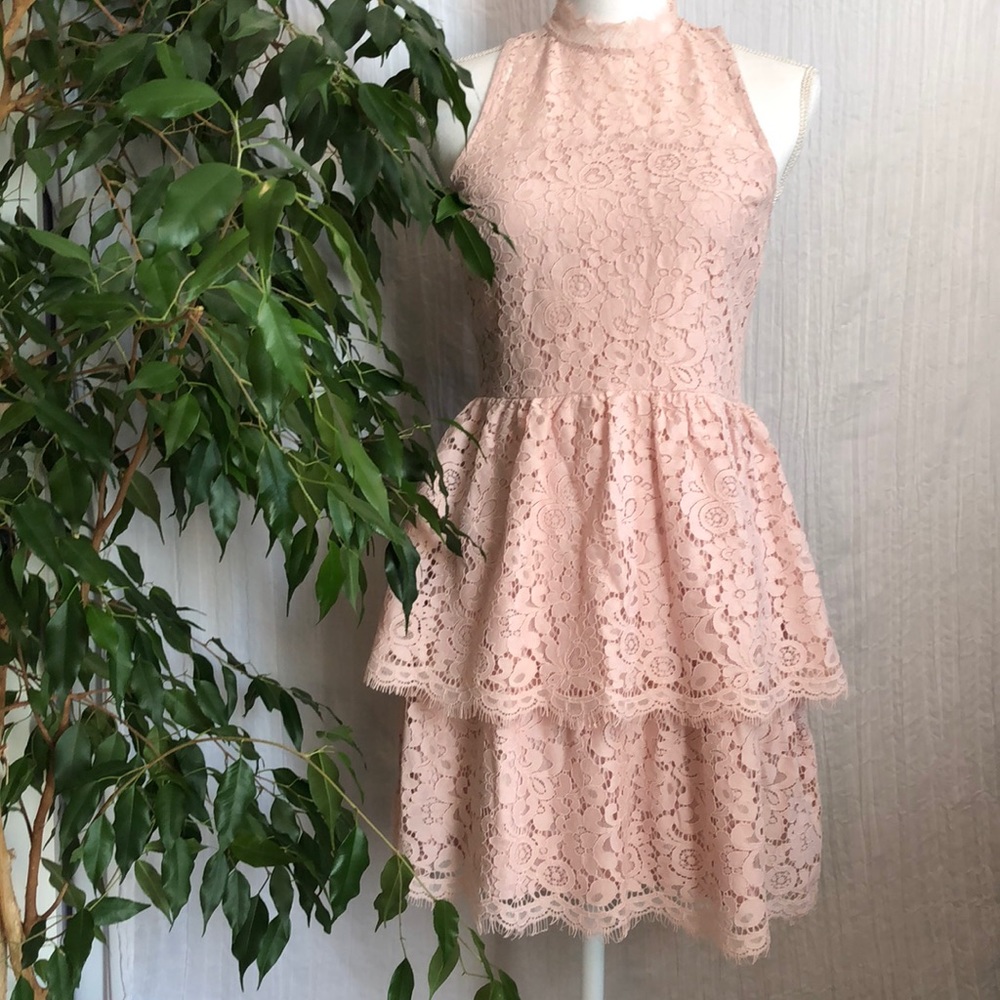 EXPRESS SZ 2 pink lace peplum layered high neck special occassion dress